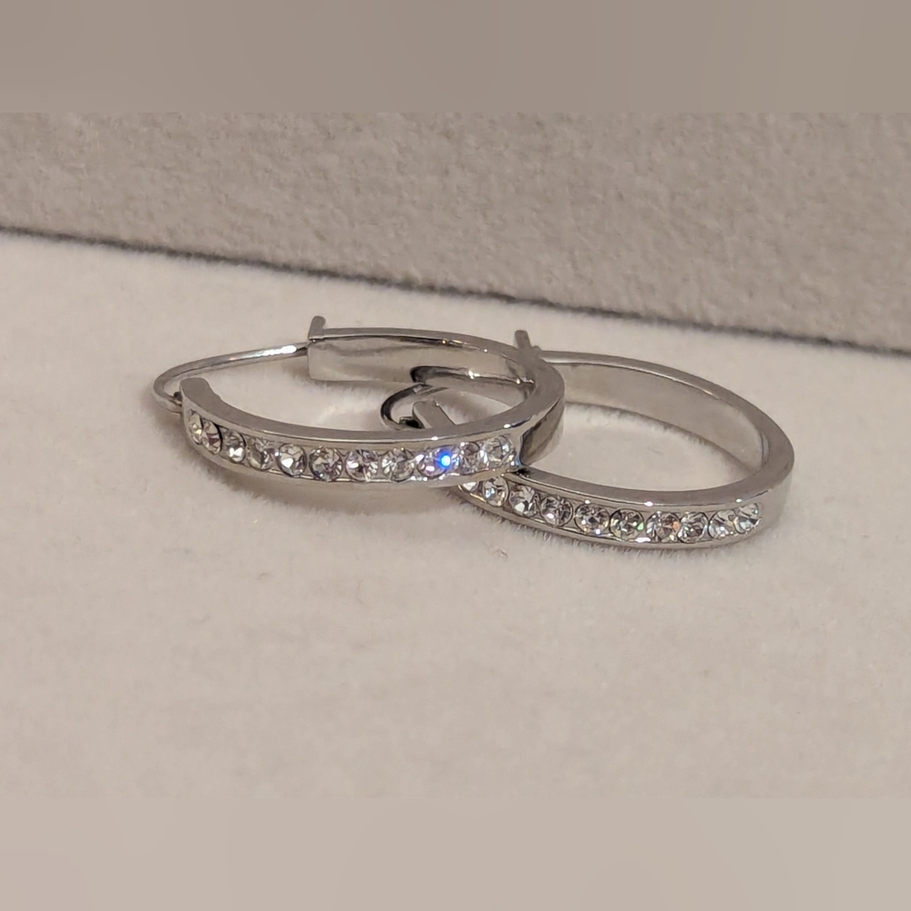 New Silver 1" Hoop Earrings with Crystals